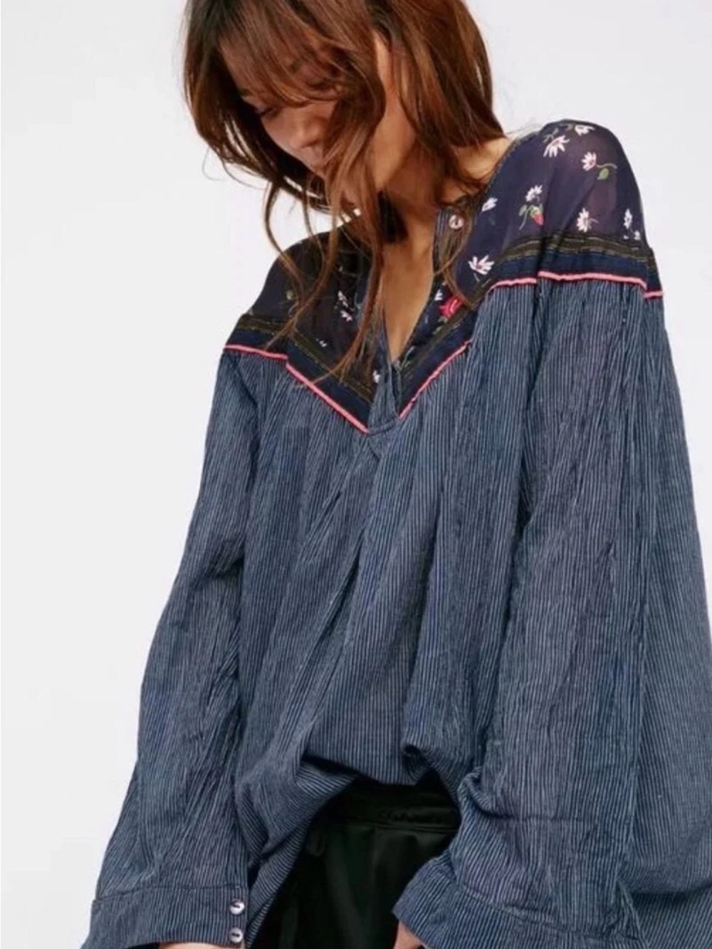 Free People Hearts & Colors Indigo Striped Embroidered V-Neck Peasant Blouse